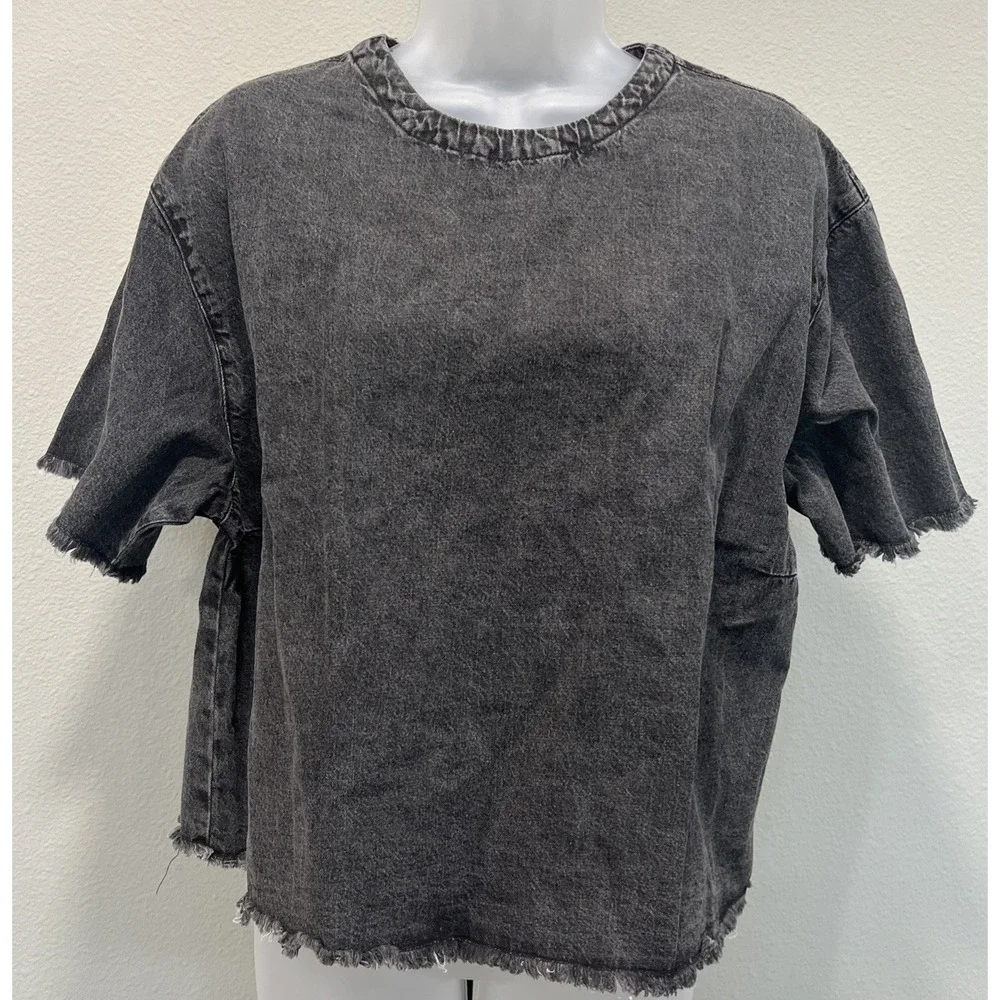 Wildfang Shirt‎ Womens Large Black Essential Denim Boxy Top  Distressed Raw Hem